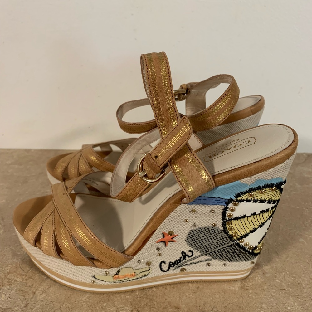 Coach Tan Caroline Leather “Beach Theme” Wedges 9B